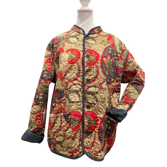 Reversible Quilted Jacket Medium-Large Gold Red Indigo Artisan - Picture 8 of 12